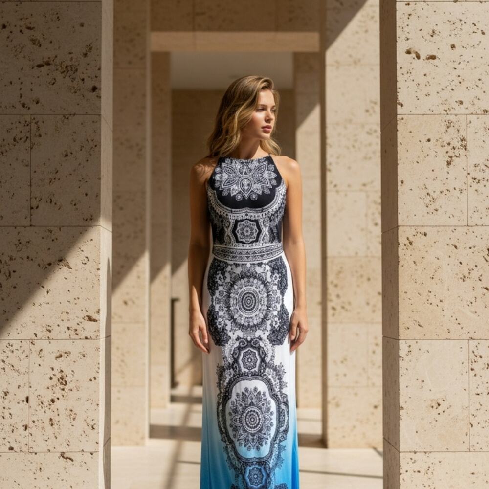 Fashion Nova Black and Blue Patterned Maxi Dress